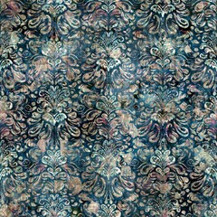 Seamless elegant mixed media pattern in navy, blue, pink, and cream. High quality illustration. Ornate and highly detailed and textured realistic faux collage. Sophisticated intense textile design.