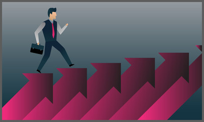 Business man steps up stairs to successful point, Steps to starting a business success. Businessman walking up on red arrow, Arrow stairs, Concept start up business, Vector illustration flat