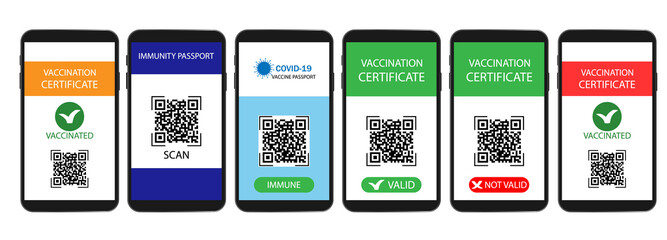 Vaccination certificate or vaccine passport in smartphone screen. Mobile phone with immune digital health passport . Covid-19 immunity passport.Vacation and travel concept .Vector isolated on white.