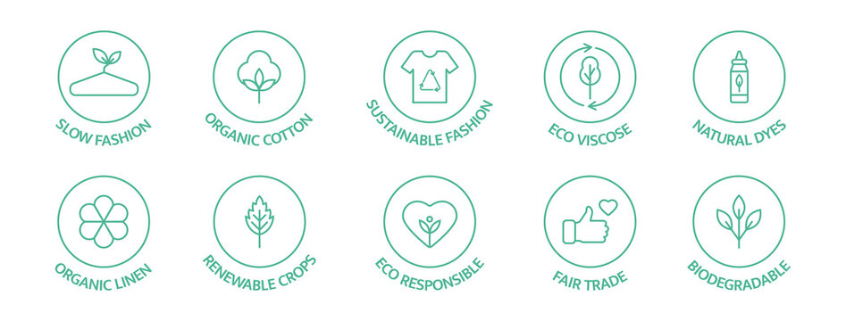 Sustainable fashion line icon set. Eco viscose product logo. Slow fashion badge. Organic cotton, natural dyes, renewable crop label. Fair trade. Conscious development. Vector illustration