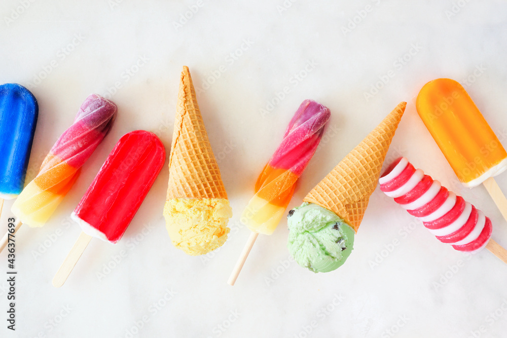 Aufkleber assortment of colorful summer popsicles and ice cream desserts. above view scattered on a bright whi