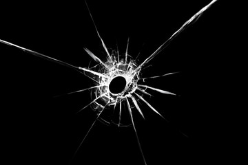 Illustration of broken glass texture with a hole in the center isolated on a black background. The effect of cracks on the window.