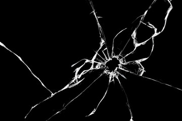 Cracked glass isolated on black background, texture for design, window shot shattered effect.