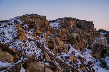 Fototapeta na wymiar Cappadocia, Anatolia, Turkey. Open air museum, Goreme national park at sunset time. February 2021