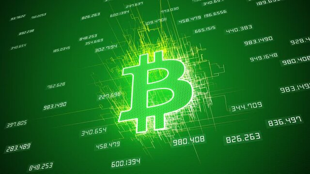 Video animation of bitcoin logo on green background - digital currency - cryptocurrency - btc