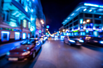 Nights lights of the big city, cars go down the avenue past the bright shop windows. Wide-angle...