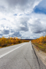 Bright picturesque view from the asphalt road, mountains, golden trees and grass against a sky with stormy clouds.