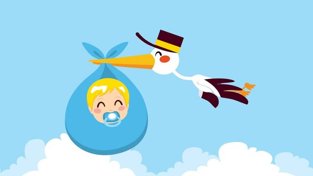 Stork flying with cute baby boy wrapped on blue blanket package for delivery, HD cartoon animation, matte alpha included