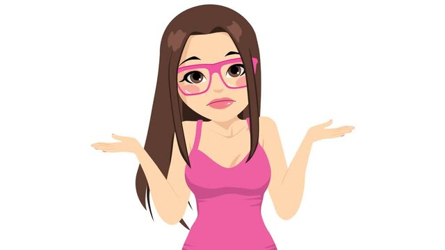 Beautiful brunette woman with glasses in doubt making shrug expression, HD cartoon animation, matte alpha included