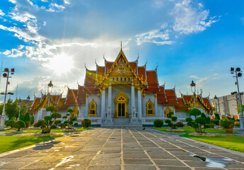 Beautiful  Wat Benchamabophit (temple) or The Marble Temple. A majestic Buddhist temple with a...