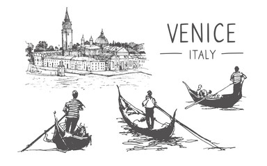 Italian gondolas and gondoliers in Venice. Vector Set of Venice sketch. Liner sketch of gondoliers. Graphic illustration. Sketch in black color isolated on white background. Hand drawn travel sketch.  - obrazy, fototapety, plakaty