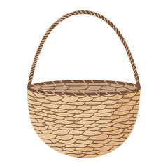 Hand drawn wicker basket. Trendy empty basket in doodle style. Straw basket isolated on white background. Boho style home decor.