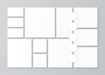 Moodboard template. Vector. Pictures collage grid with circles. Moodboard background. Mosaic photo frames. Horizontal rectangle design of mockup. Simple illustration. Photography album layout.