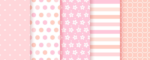 Baby pattern. Baby girl seamless background. Pink textile print. Vector. Set of kids pastel geometric textures. Cute childish backdrop with polka dots, stripes and flowers. Modern illustration. - obrazy, fototapety, plakaty