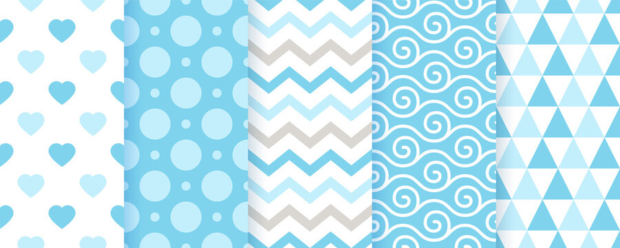Baby pattern. Baby boy seamless backgrounds. Blue pastel textile textures. Vector. Kids geometric print. Set of cute childish wrapping paper. Scrapbook backdrops. Modern illustration.