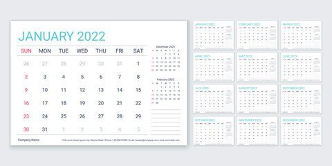 2022 calendar. Planner, calender template. Week starts Sunday. Vector. Yearly organizer. Table schedule grid with 12 month. Horizontal simple illustration. Corporate monthly diary layout.