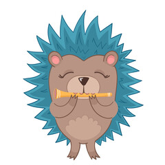 Flat illustration cute hedgehog in cartoon style with flute on green grass on white isolated background. Decor in the nursery.