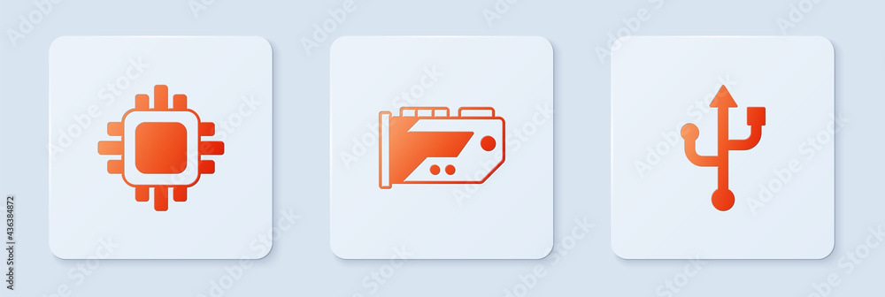 Aufkleber set video graphic card, processor with cpu and usb. white square button. vector