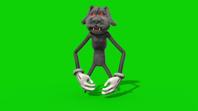 Bipedal Monster Dog Idle Green Screen Front 3D Rendering Animation