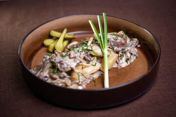 snack for vodka. meat with potatoes, green onion and pickled cucumber