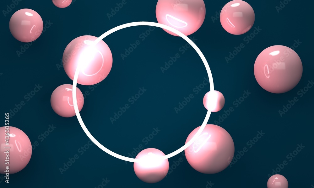 Poster abstract blue background with round lamp frame and balls. 3d rendering