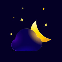 Vector moon icon illustration. Half moon with dark cloud and small stars on a dark background. 