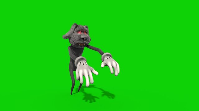 Bipedal Monster Dog Walks Green Screen Front 3D Rendering Animation