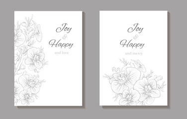 a set of background, a postcard, a banner with an inscription under the text. hand-drawn branches, Orchid flower in a minimalist style. modern background for holiday, print your ideas. vintage style.