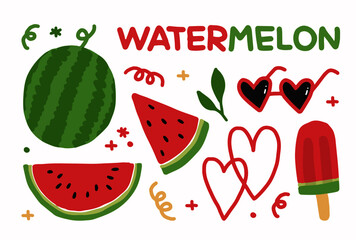 hand drawn watermelon, watermelon art set, watermelon illustration