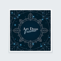 Fototapeta na wymiar Luxury vector invitation square card template. Dark blue decorative ornamental frame with leaves, moon and glowing stars. Oriental pattern for wedding, engagement, new year, Christmas, birthday card.