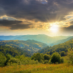 countryside landscape in summer at sunset. beautiful nature scenery with meadows on the hills...