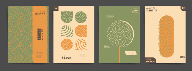 Asian modern art poster cover set. Japanese waves and lines, abstract geometric wavy mosaic. Creative and artistic design layouts for poster, banner, presentation, identity, report, placard, blank.