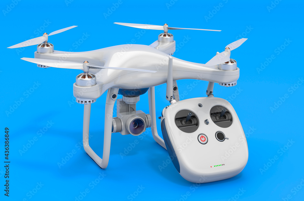 Aufkleber drone quadrocopter with remote control on blue backdrop, 3d rendering