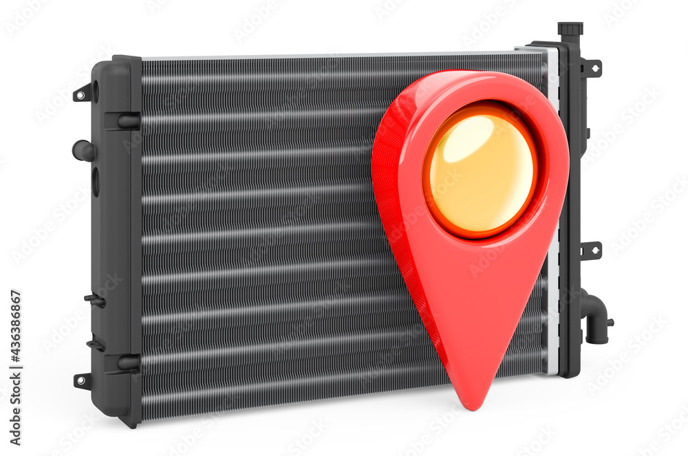 Poster map pointer car radiator, auto service location or auto shop concept. 3d rendering