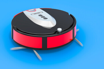 Modern robotic vacuum cleaner on blue backdrop, 3D rendering