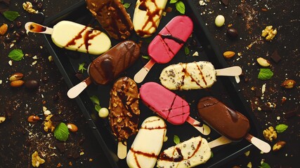 chocolate pink white milk ice cream with caramel close up 