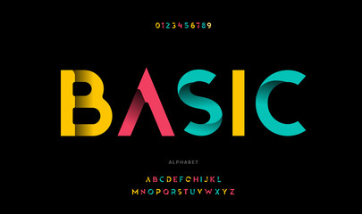 Modern bright colorful font, alphabet letters and numbers