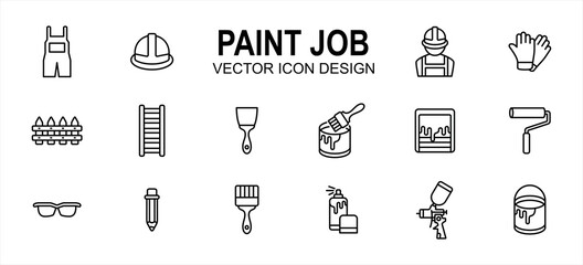 Paint job construction related vector icon user interface graphic design. Contains such icons as wear pack, uniform, helmet, labor, worker, glove, ladder, hand brush, roller, mixer, sprayer, bucket