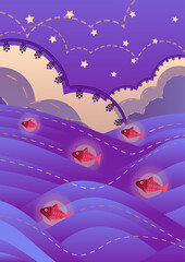 Obraz premium Fairytale sea background. Rushing waves surrounded by glowing fish in the night. Perfect for postcards, invitations, event banners, packaging. EPS10