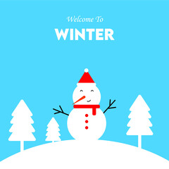 Welcome winter landscape with a cute snowman with a scarf, Christmas or New Year greeting card design element.