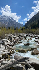 A beautiful mountain landscape and a mountain, fast river flows over large stones.