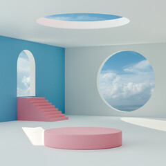 Pink podium stage stand on blue cloudy sky abstract room background for product placement 3d render 