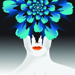 A gorgeous blue flower partly hides the face of a woman.
