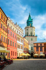 Trinity (Trynitarska) tower and cozy street of city Lublin, Poland, Europe - obrazy, fototapety, plakaty