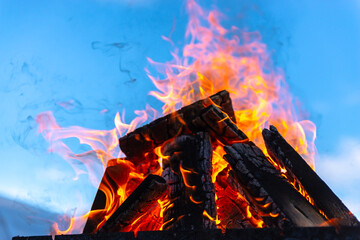Bright petals of fire on a bright day. The bonfire is at its peak gorenje. Fire against the blue...