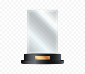 Glass trophy. Realistic crystal award or acrylic prize. Winner glass cup on stand. Vector illustration.