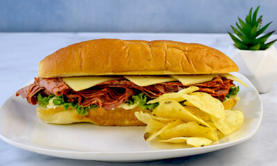 shaved pastrami sub sandwich with potato chips