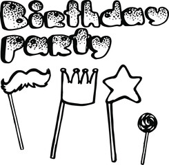 Vector hand drawn doodles birthday objects set, birthday pattern lettering, birthday decoration, confetti cone