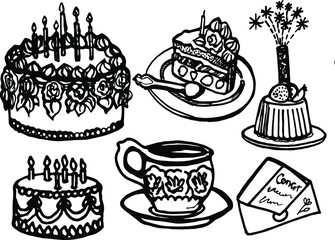 Vector hand drawn doodles birthday objects set, birthday cakes with candles and salutes, teacup, congrats letter