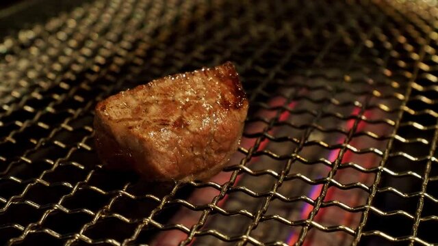 Close up shot of Japanese style BBQ Wagyu beef steak